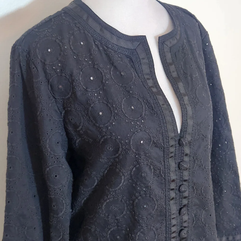 Chico’s Black Eyelet Cotton Jacket Size 1 Medium
